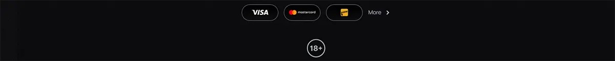 Casino footer displaying Visa, Mastercard, and Interac payment options with a “More” link and an 18+ age restriction icon on a dark background.