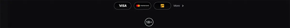 Casino footer displaying Visa, Mastercard, and Interac payment options with a “More” link and an 18+ age restriction icon on a dark background.