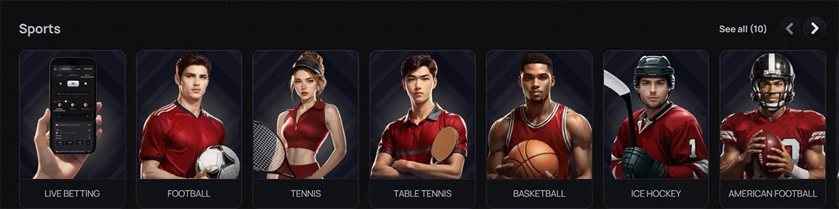 Sports section displaying categories such as live betting, football, tennis, table tennis, basketball, ice hockey, and American football, each represented by player-themed thumbnails on a dark interface.