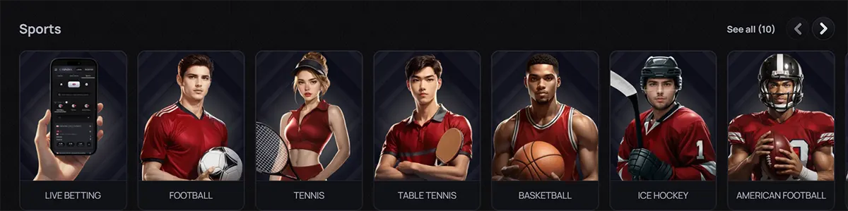 Sports section displaying categories such as live betting, football, tennis, table tennis, basketball, ice hockey, and American football, each represented by player-themed thumbnails on a dark interface.