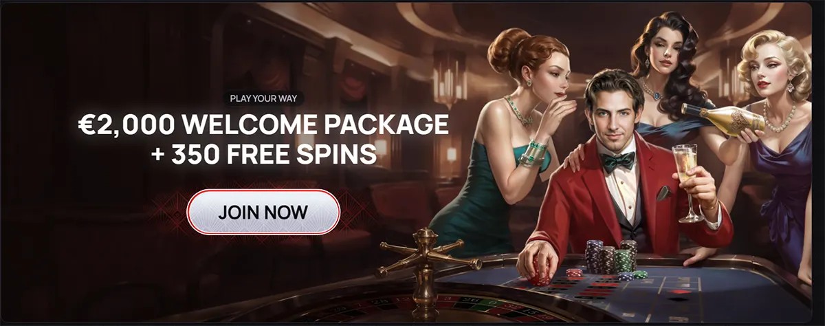 Casino welcome banner featuring a €2,000 welcome package plus 350 free spins with a “Join Now” button, set against an elegant casino scene with players around a roulette table on a dark background.
