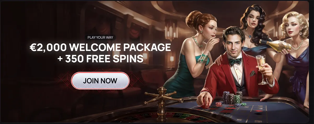 Casino welcome banner featuring a €2,000 welcome package plus 350 free spins with a “Join Now” button, set against an elegant casino scene with players around a roulette table on a dark background.