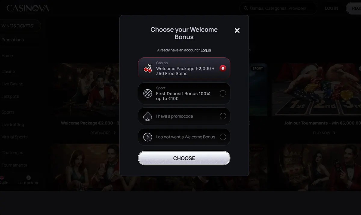 Casino welcome bonus selection popup offering options such as a €2,000 + 350 free spins casino package, a sports deposit bonus up to €100, entering a promo code, or declining the bonus, with a “Choose” button on a dark interface.