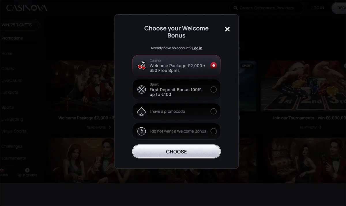Casino welcome bonus selection popup offering options such as a €2,000 + 350 free spins casino package, a sports deposit bonus up to €100, entering a promo code, or declining the bonus, with a “Choose” button on a dark interface.